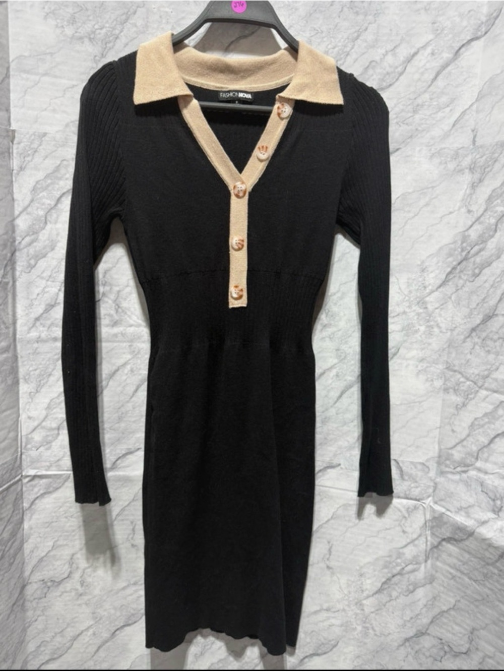 Fashion Nova Black Long Sleeve Knit Polo Dress with Beige Trim